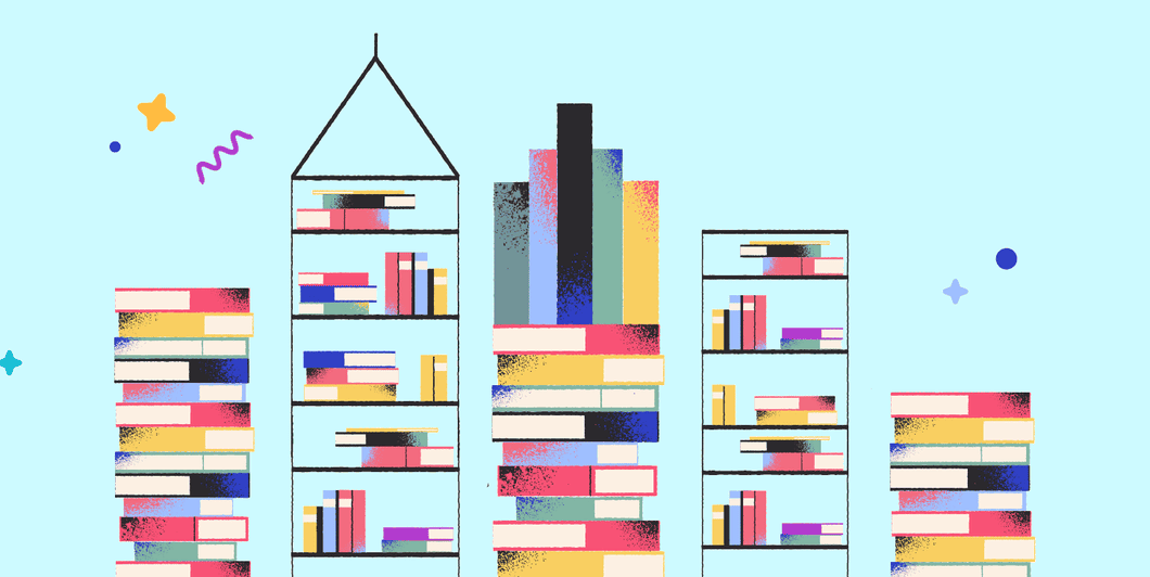 A city skyline built from stacks of books, from the RACE2Read case study