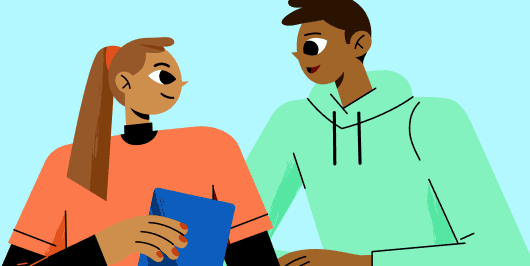 Two students talking about the book one of them is holding