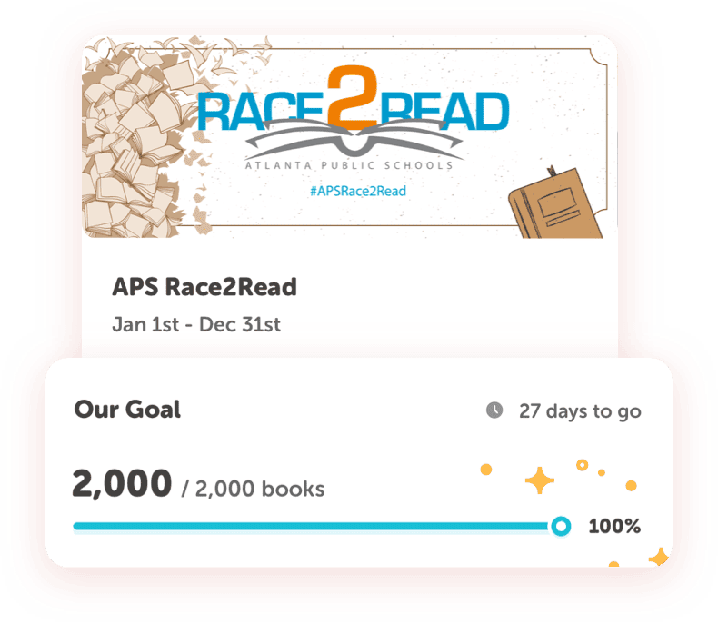 A districtwide reading challenge banner alongside a community goal at 100% of 2,000 books