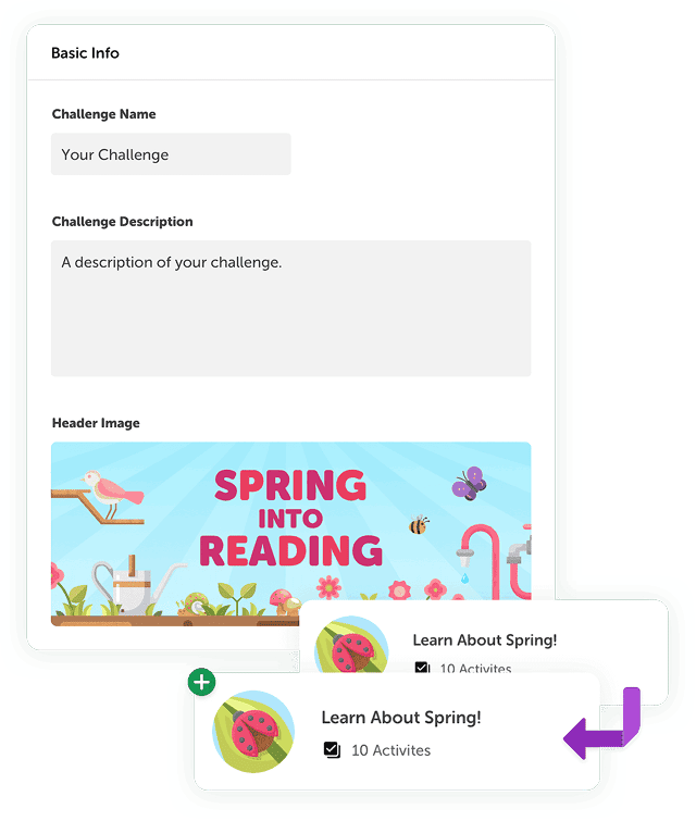 The Beanstack challenge builder, with a Spring Into Reading banner and activity badges being added