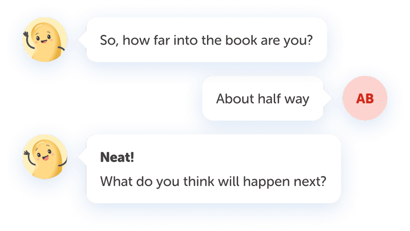 Benny asking a student how far into their book they are, and the student replying