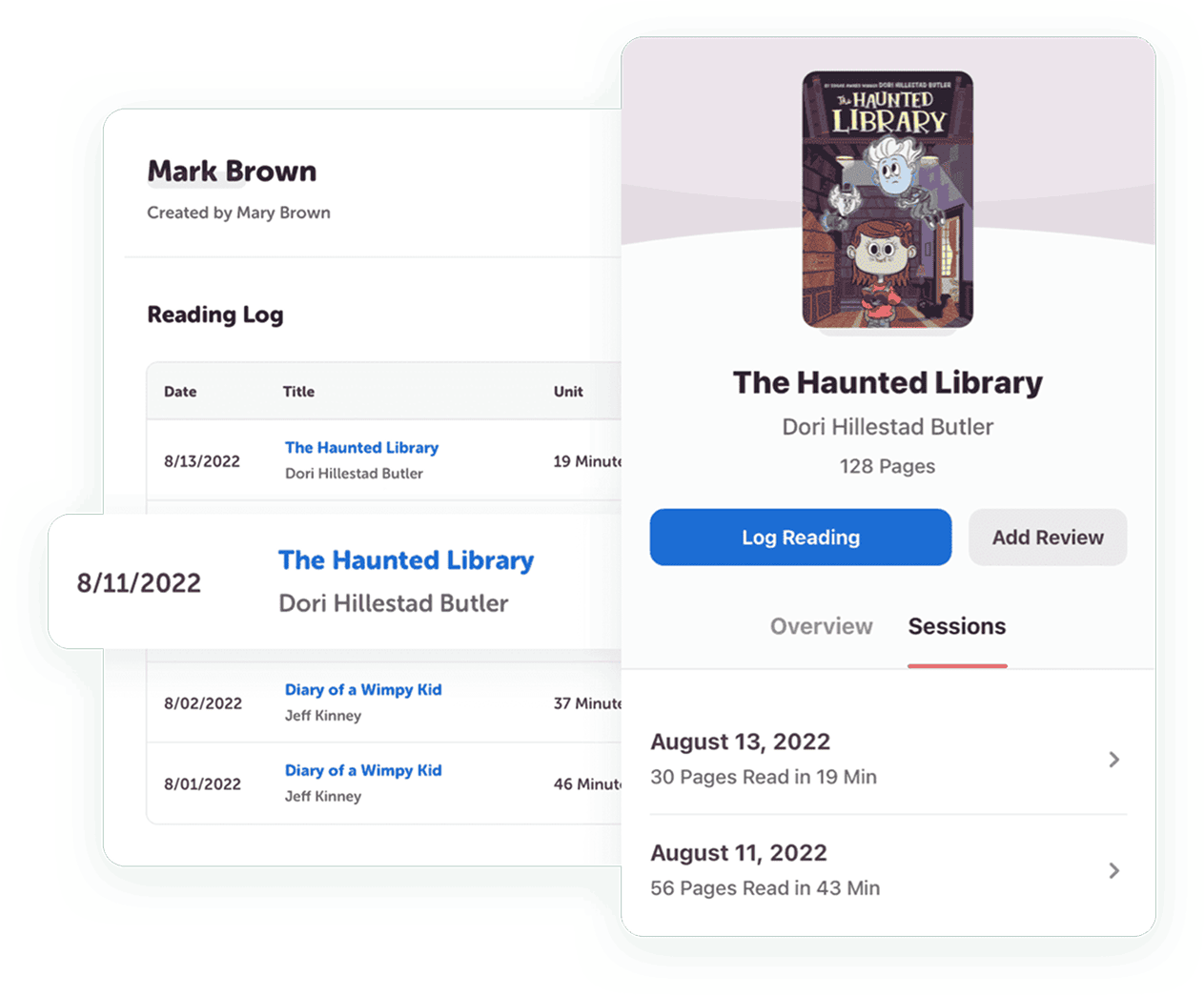 A student's reading log listing each book with the date, pages, and minutes read