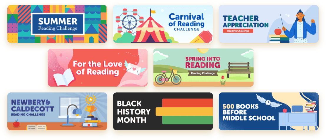 Ready-made reading challenge banners, including Teacher Appreciation and 500 Books Before Middle School