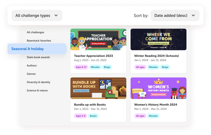 A library of ready-made reading challenges, filtered by category