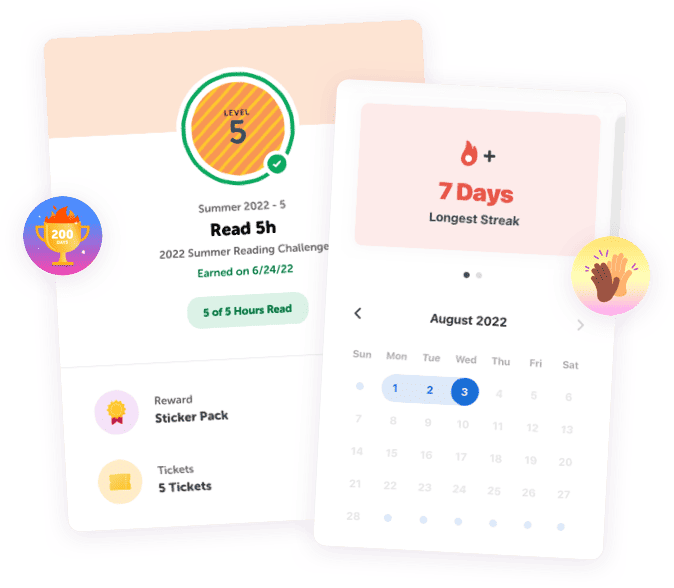 A student's reading level badge, a seven-day reading streak, and the rewards they have earned