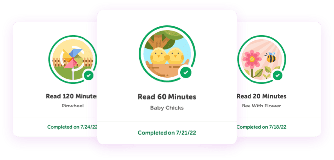 Three earned reading badges, each showing the minutes read to unlock it