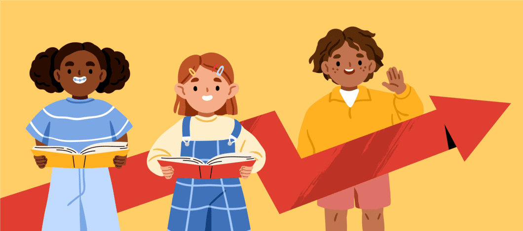 Three young readers holding books in front of a rising arrow