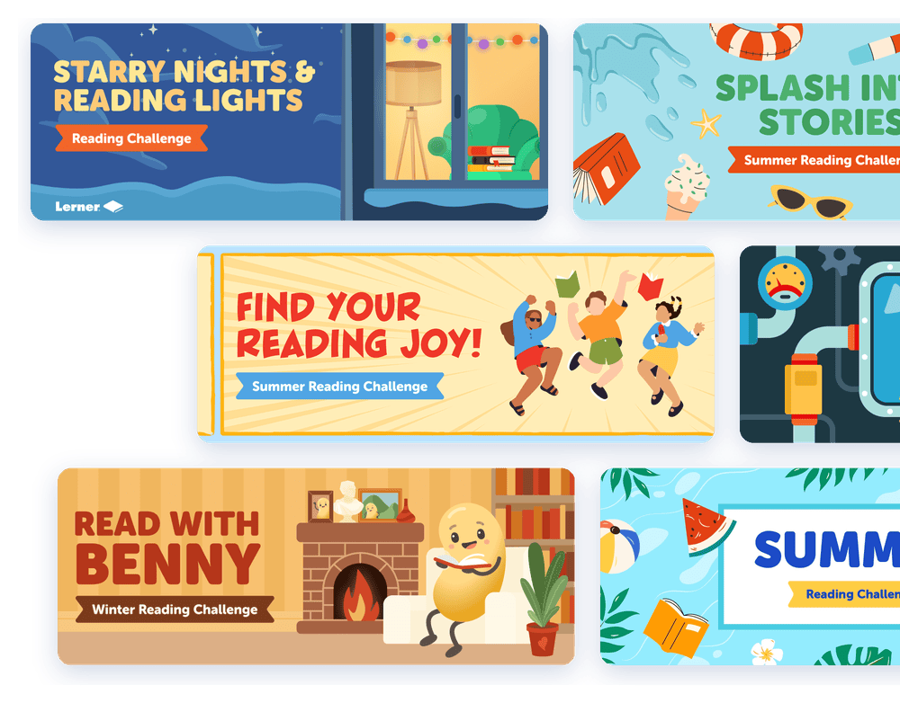 Banners from past Beanstack sponsored challenges, including Starry Nights & Reading Lights, Read with Benny, Find Your Reading Joy, and Splash Into Stories